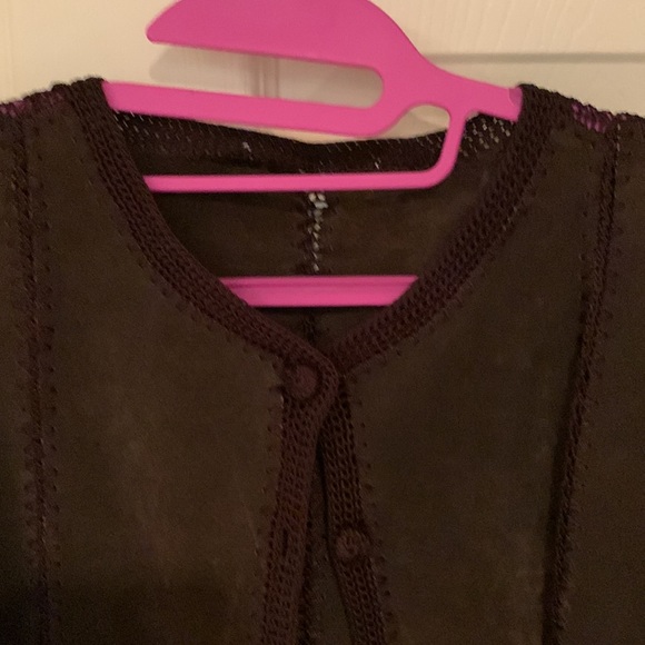 Brown Suede Leather Jacket With Crochet Bottom And Fringe Stitched Squares Med - Picture 3 of 12